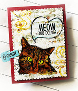 Red-matted card with the tabby colored in rich browns, 'Meow you doing?' inside the thought bubble over a gold-stenciled panel.