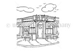 Cafe Delights red rubber background stamp by Angie Blom: a line-drawn corner cafe storefront with awning, tables and 'CAFE' sign.