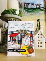 Card with the cafe storefront and a man out front with 'You're my favorite.'