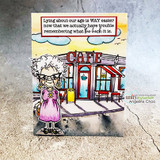 Card with the cafe storefront and an older woman with 'Lying about our age is WAY easier...'