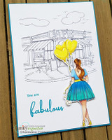 Line-art card with the cafe storefront and a girl holding yellow balloons and 'You are fabulous.'