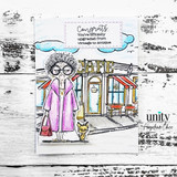 Card with the cafe storefront and two older women out front with 'Congrats, you've officially upgraded from vintage to antique.'