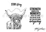 Line-art stamp of a shaggy highland cow with 'STAY strong' and 'Strength grows in the moments when you think you can not go on but you keep going anyway.'