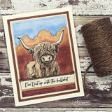 Card with the highland cow colored in warm browns under a sunset sky and 'Don't put up with the bullsh*t.'