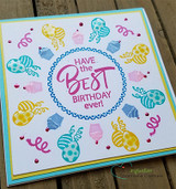 Bright card with a circular wreath of balloons and party icons, 'HAVE the BEST BIRTHDAY ever!'