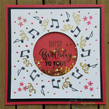 Card with a wreath of music notes and confetti around a red center, 'HAPPY Birthday TO YOU!'