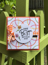 Orange card with a stitched icon wreath, 'HAVE the BEST BIRTHDAY ever!'