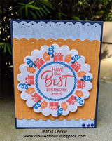 Orange-and-blue card with a scalloped present-icon wreath, 'HAVE the BEST BIRTHDAY ever!'