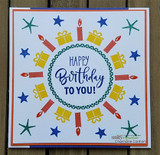 Bright card with a candle-and-star wreath, 'Happy Birthday TO YOU!'