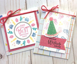 Two coordinating cards, a wreath and a party-hat design, birthday wishes.