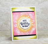 Card with a pink-and-gold icon wreath, 'Happy Birthday TO YOU!'