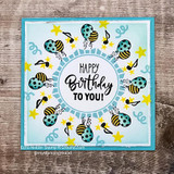 Aqua card with a bee-and-star wreath, 'HAPPY Birthday TO YOU!'