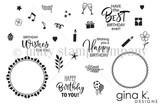 Black-and-white Birthday Go Round stamp set by Gina K Designs: circle frames and tiny birthday icons with 'Happy Birthday' sentiments.