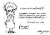 Black-and-white stamp set layout of the granny with "Happy Birthday Beautiful," "I demand a re-count," and "forever fabulous"