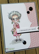 White card with a sassy gray-haired granny in glasses and a pink dress and the sentiment "I demand a re-count," on a polka-dot panel