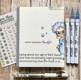 Cream card with the granny in a blue dress, "Happy Birthday Beautiful," coloring markers beside it