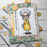 Card with the colored granny in a yellow dress on floral paper, "Happy Birthday Beautiful," button accents