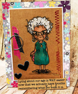 Kraft card with the granny in a teal dress on bright floral paper and the lying-about-our-age sentiment, heart accents