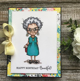 Card with the granny in a teal dress on floral paper, "Happy Birthday Beautiful," cream ribbon