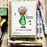 Card with the granny in a green dress and "forever fabulous" plus "Happy Birthday Beautiful," distress markers