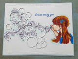 Little Bubbles card, the bubble-blowing girl colored with red or blonde hair, 'You are amazing... remember that' sentiment.