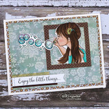 Handmade card with Tierra Jackson's sweet young girl blowing a trailing stream of bubbles, script sentiment 'Enjoy the little things...'.
