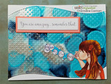 Handmade card with Tierra Jackson's sweet young girl blowing a trailing stream of bubbles, script sentiment 'Enjoy the little things...'.