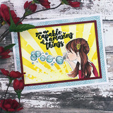 Little Bubbles card, the bubble-blowing girl colored with red or blonde hair, 'You are amazing... remember that' sentiment.