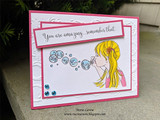 Little Bubbles card, the bubble-blowing girl colored with red or blonde hair, 'You are amazing... remember that' sentiment.