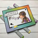 Handmade card with Tierra Jackson's sweet young girl blowing a trailing stream of bubbles, script sentiment 'Enjoy the little things...'.