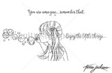 The Little Bubbles red rubber stamp set shown as line art: a girl blowing a stream of bubbles with 'Enjoy the little things' and 'You are amazing' sentiments, by Tierra Jackson.