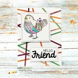 Card with a rainbow-winged bird and 'HELLO Friend.'