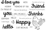 Line-art stamp sheet with a little bird and word sentiments including 'I love you,' 'Friend,' 'Thanks,' 'Happy,' 'BIRTHDAY' and 'JUST BECAUSE.'