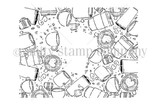 Line-art red rubber border background stamp of assorted coffee mugs framing the panel.