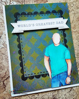 Card with Roger in a teal tee framed by a green diamond panel, 'World's Greatest Dad.'