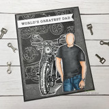 Chalkboard-style card with Roger and a vintage motorcycle, 'World's Greatest Dad.'