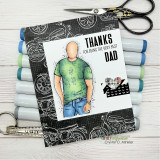 Card with Roger in a green tee and 'THANKS DAD' over a black patterned panel.