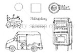 Line-art red rubber stamp sheet of a mail truck, mailbox, postage marks and 'kindness changes everything' / '#lettersforhenry.'
