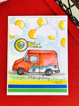 Card with an orange mail truck under postmark clouds, '#lettersforhenry.'