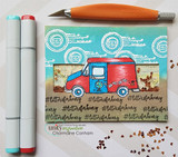 Card with a red mail truck over a background of repeated postmarks, '#lettersforhenry.'