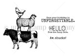 The Funny Farm red rubber set by Lisa Arana: stacked chicken, sheep, and cow with three farmyard sentiments.