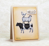 The stacked farm animals with a 'HELLO' label on sponged kraft.