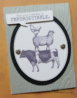 Woodgrain-embossed card with the animal stack in an oval frame, 'Hope your birthday is UNFORGETTABLE.'