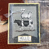 Black chicken-wire card with the stack on a yellow-edged banner and 'HELLO.'