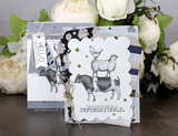 Scalloped white card with the stack, gold brads, and a 'HELLO' tag over navy dots.