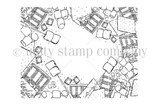 Line art of the S'mores border background stamp: graham crackers, toasted marshmallows, chocolate bars and roasting sticks tumbling around all four edges of a 4.25 x 5.5 panel, leaving an open center for a sentiment.