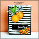 Black and white striped card with a peach mat, two oranges with blossoms and leaves popped on foam, sentiment 'Be your own kind of beautiful'.