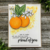 Soft yellow-washed card with two oranges and blossoms in the corner, sentiment 'And if today all you did was hold yourself together, I'm proud of you'.