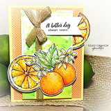 Green and burlap card with three overlapping citrus fruits coloured in orange and yellow, kraft bow, sentiment 'A better day always comes'.
