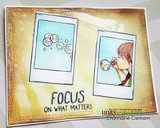 Card with two Polaroid frames - one holding a boy blowing bubbles - on a warm wash, stamped 'Focus on what matters.'